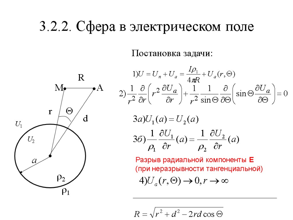 3.2.2. Сфера в электрическом поле Постановка задачи: Разрыв радиальной компоненты E (при неразрывности тангенциальной)